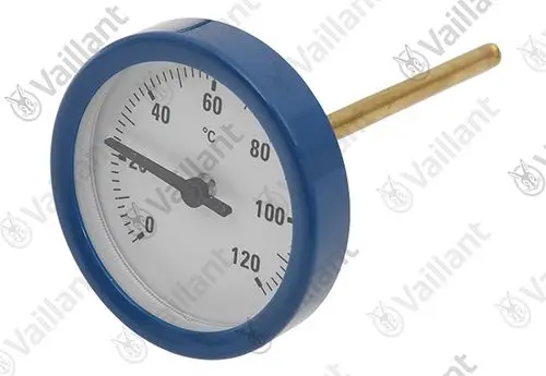 Vaillant Thermometer mit blauem Gehäuse, analoger Anzeige, Skala von 0 bis 120 Grad Celsius, Messfühler aus Metall.